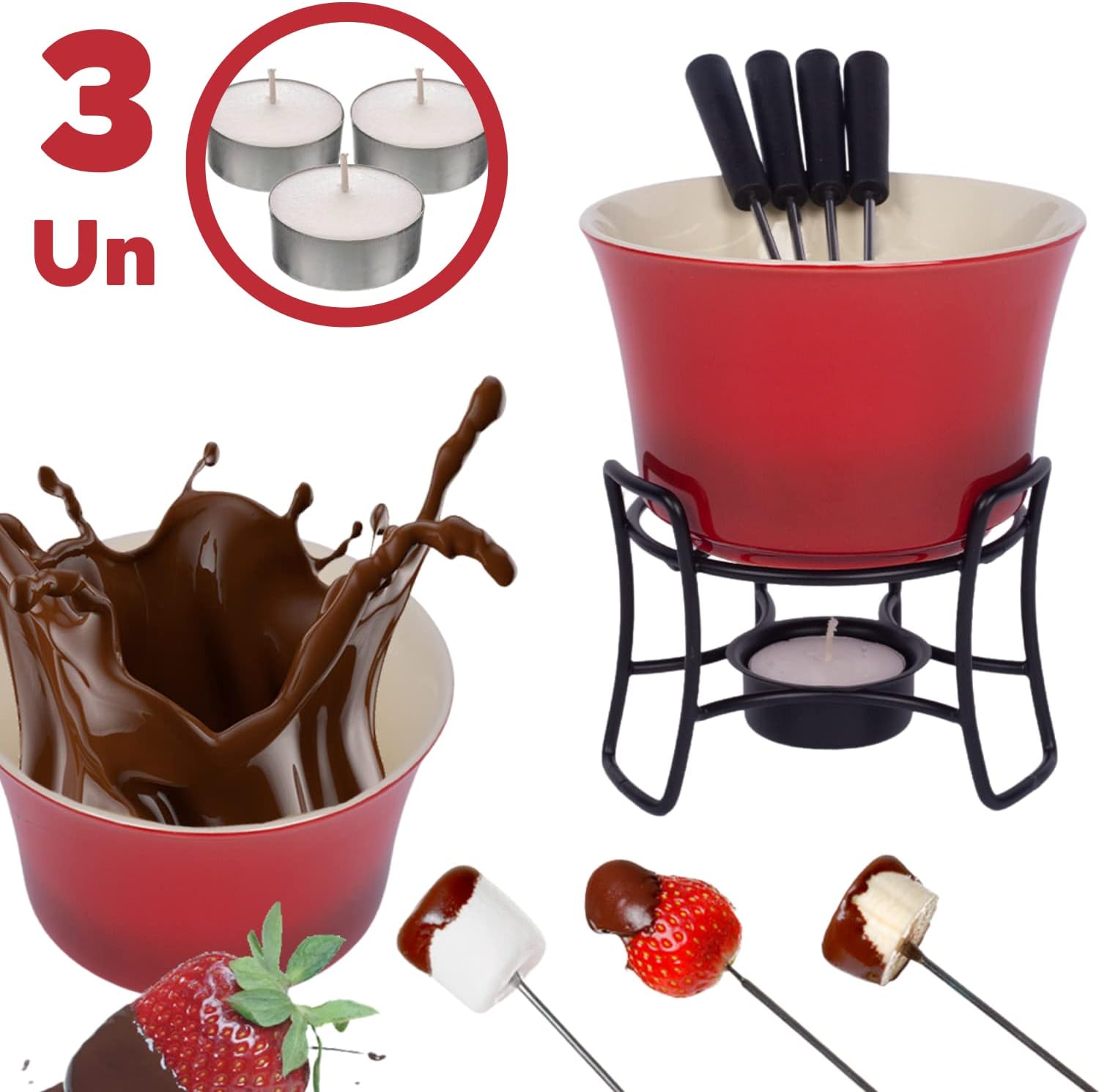 Conjunto Fondue Em Cerâmica Redondo 9 Peças 300ml Chocolate Queijo – 3 Velas (Vermelho) na Amazon
