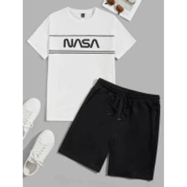 Conjunto Gráfica Letra Camiseta & Shorts com Cordão na Shein