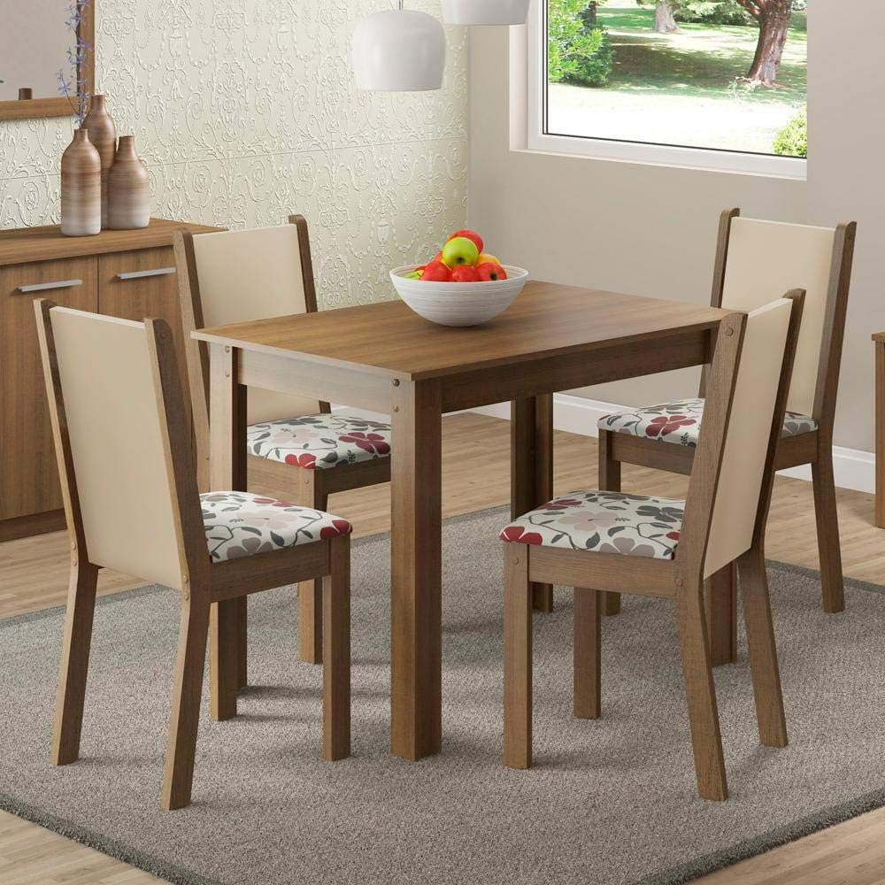 Conjunto Sala de Jantar Cíntia Madesa Mesa Tampo de Madeira com 4 Cadeiras – Rustic/Crema/Hibiscos na Amazon