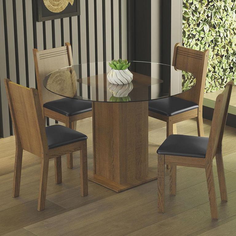Conjunto Sala de Jantar Madesa Débora Mesa Tampo de Vidro Redondo 4 Cadeiras – Rustic/Lírio Bege na Casas Bahia