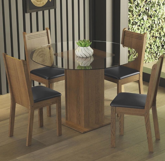 Conjunto Sala de Jantar Madesa Débora Mesa Tampo de Vidro Redondo 4 Cadeiras – Rustic/Preto na Casas Bahia