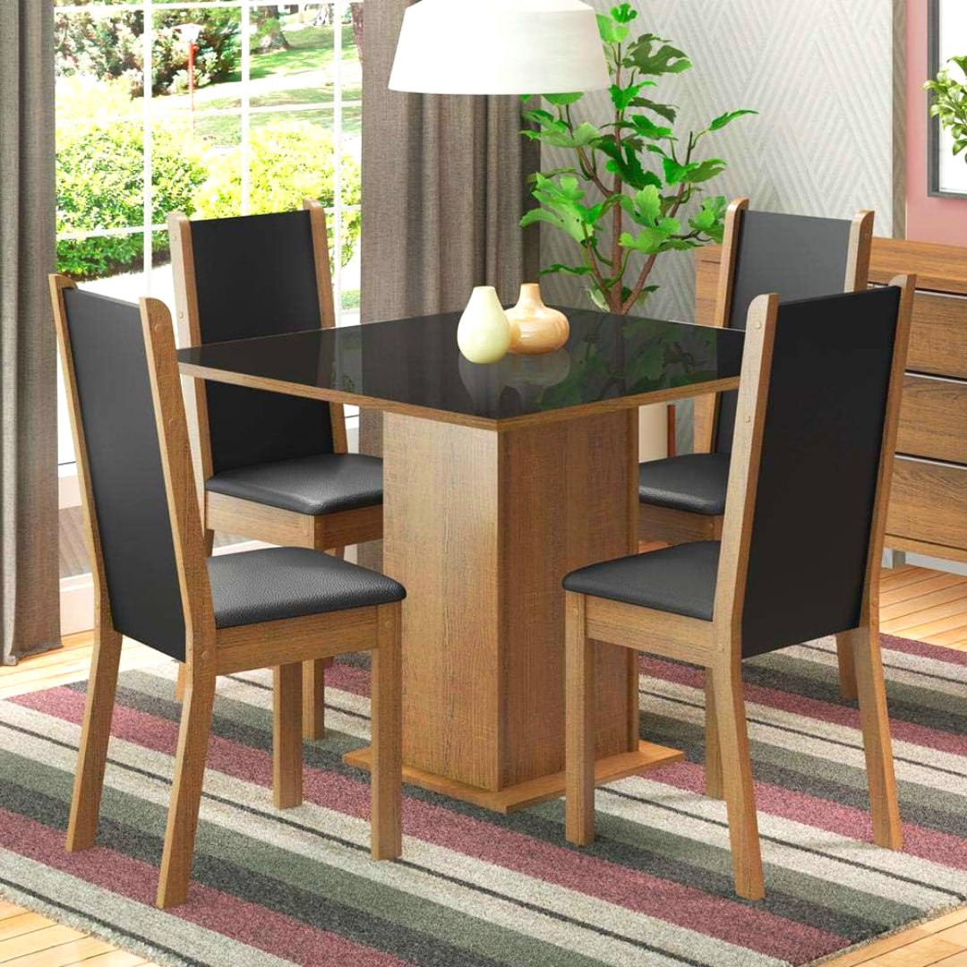 Conjunto Sala de Jantar Madesa Moscou Plus Mesa Tampo de Vidro com 4 Cadeiras – Rustic/Preto/Sintético Preto na Amazon