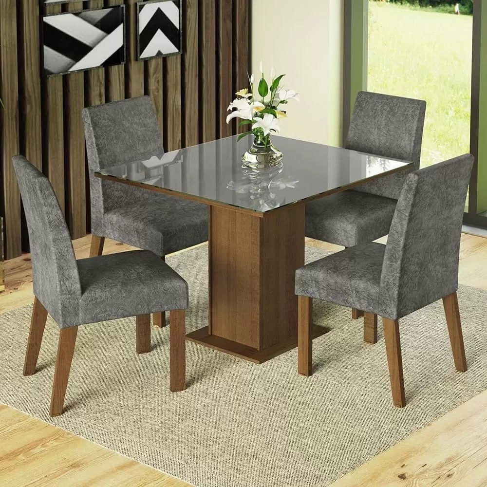 Conjunto Sala de Jantar Mesa Tampo de Vidro 4 Cadeiras Rustic/Cinza/Silver Anne Madesa na Magazine Luiza