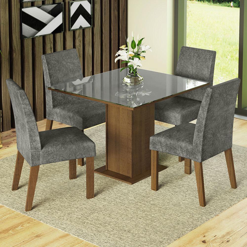 Conjunto Sala de Jantar Mesa Tampo de Vidro 4 Cadeiras Rustic/Cinza/Silver Anne Madesa na Magazine Luiza
