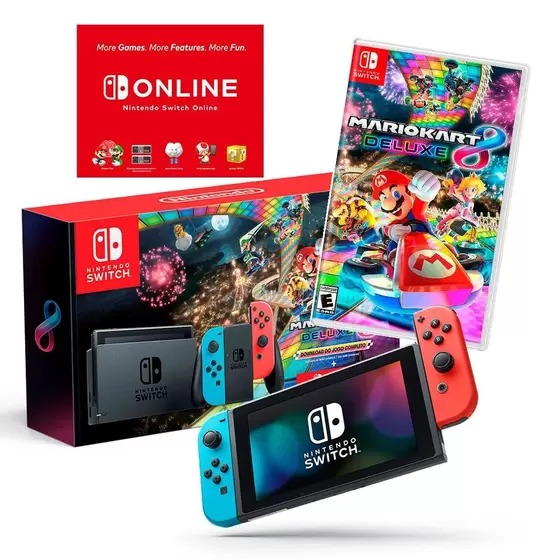Console Nintendo Switch Azul e Vermelho + Joy-Con Neon + Mario Kart 8 Deluxe + 3 Meses de Assinatura Nintendo Switch Online na Amazon