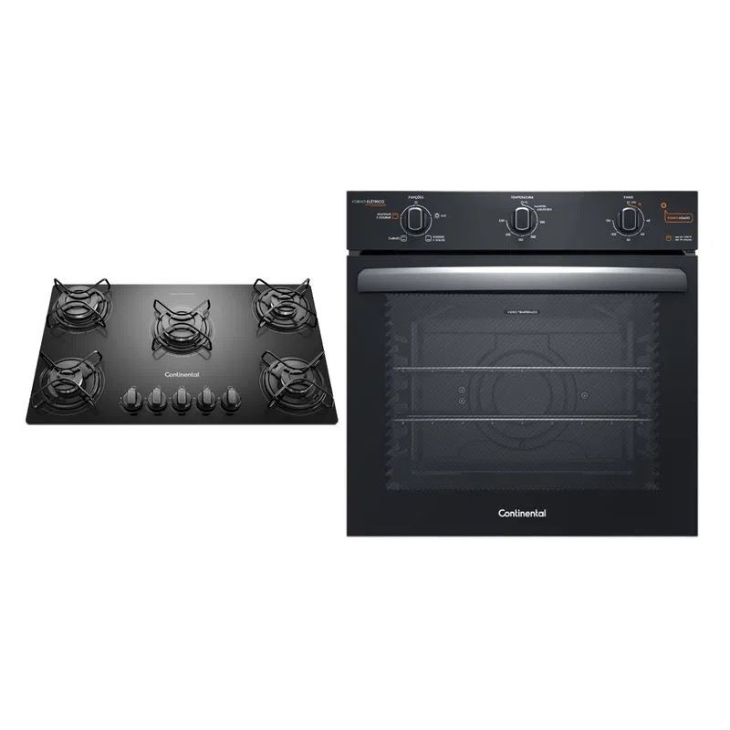 Cooktop 5 Bocas Continental a Gás de Vidro Temperado Preto + Forno de Embutir Elétrico Continental 80L com TOPLimpaFácil (KC5GP+OC8EM) na Shopclub