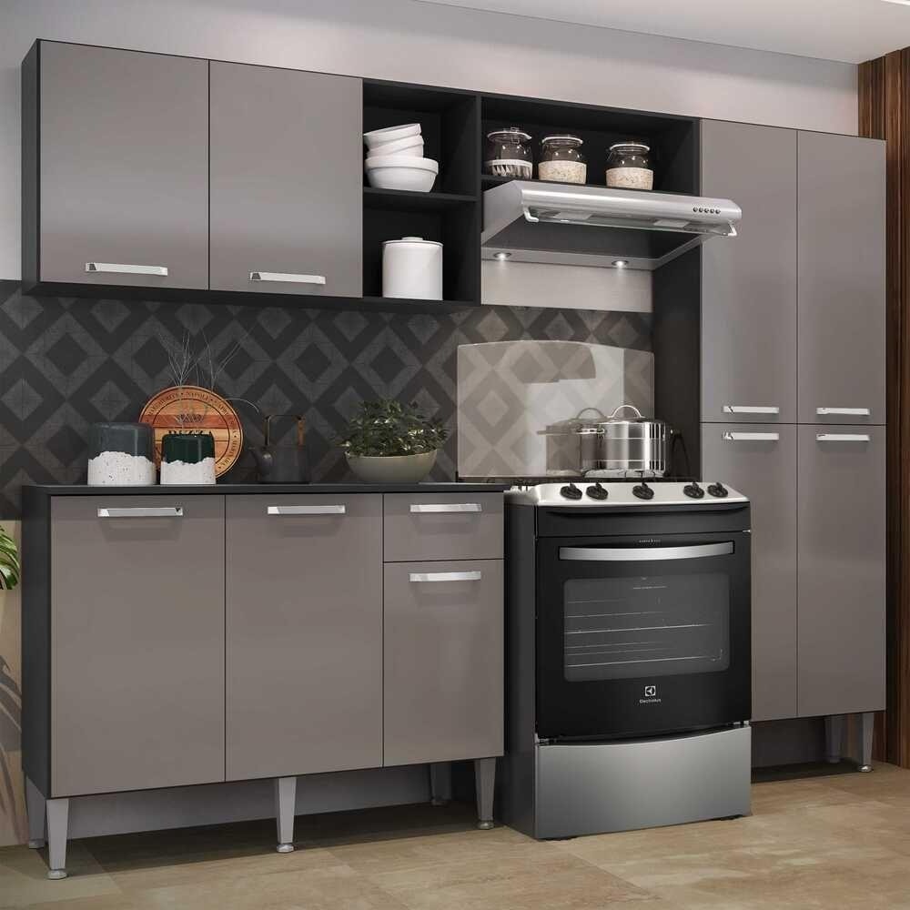 Cozinha Compacta c/ Armário e Balcão com Tampo Pequim Up Multimóveis Preta/Lacca Fumê na Casas Bahia