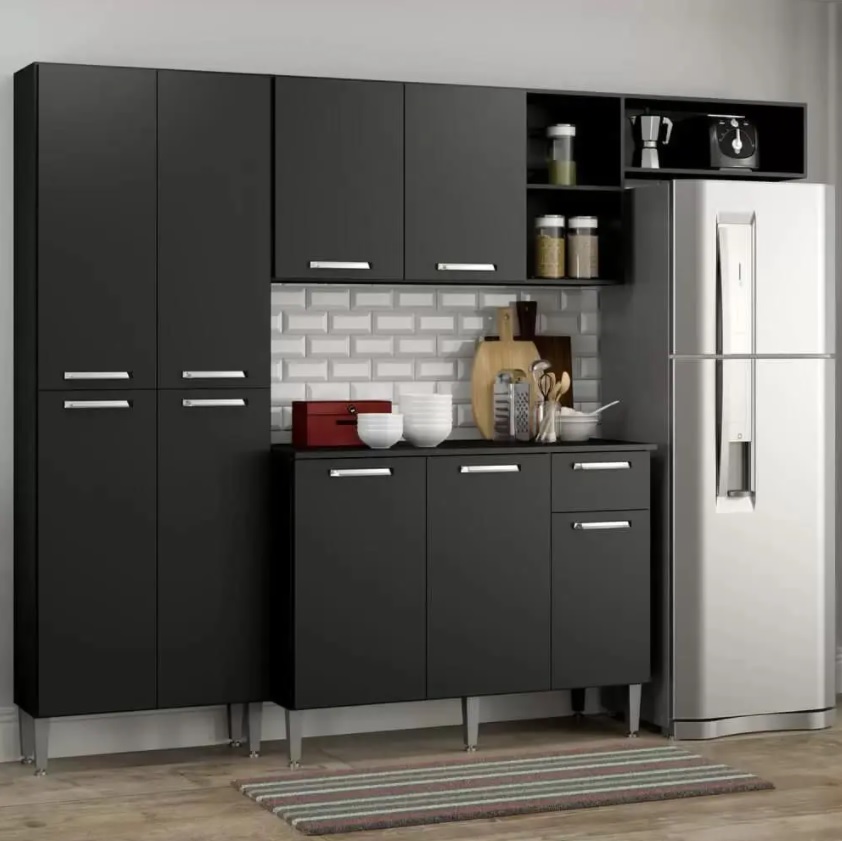 Cozinha Compacta Pequim 9 Portas Mp2933 Multimóveis Preto Preto Acetinado Texturizado na MadeiraMadeira