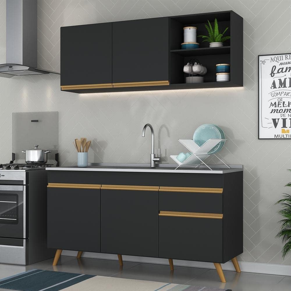 Cozinha Compacta Veneza Gb Multimóveis Mp2079 com Armário e Balcão Preta na Amazon