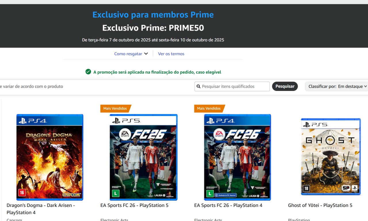 Cupom Amazon Exclusivo Prime R$ 50 OFF em Jogos e Acessórios na Amazon