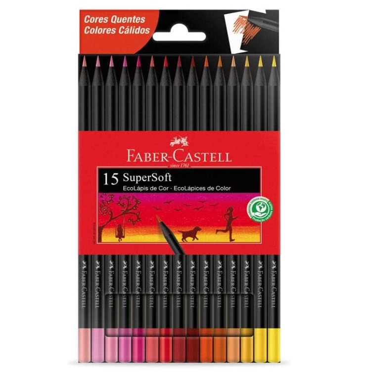 Ecolápis de cor, Faber-Castell, supersoft, 120715SOFTCQ, 15 cores tons quentes, Multicor na Amazon