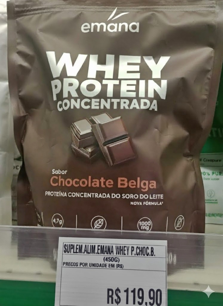 Emana Suplemento Alimentar em Pó Whey Protein Adoçado com Stevia Sabor Chocolate Belga – 450g na Amazon