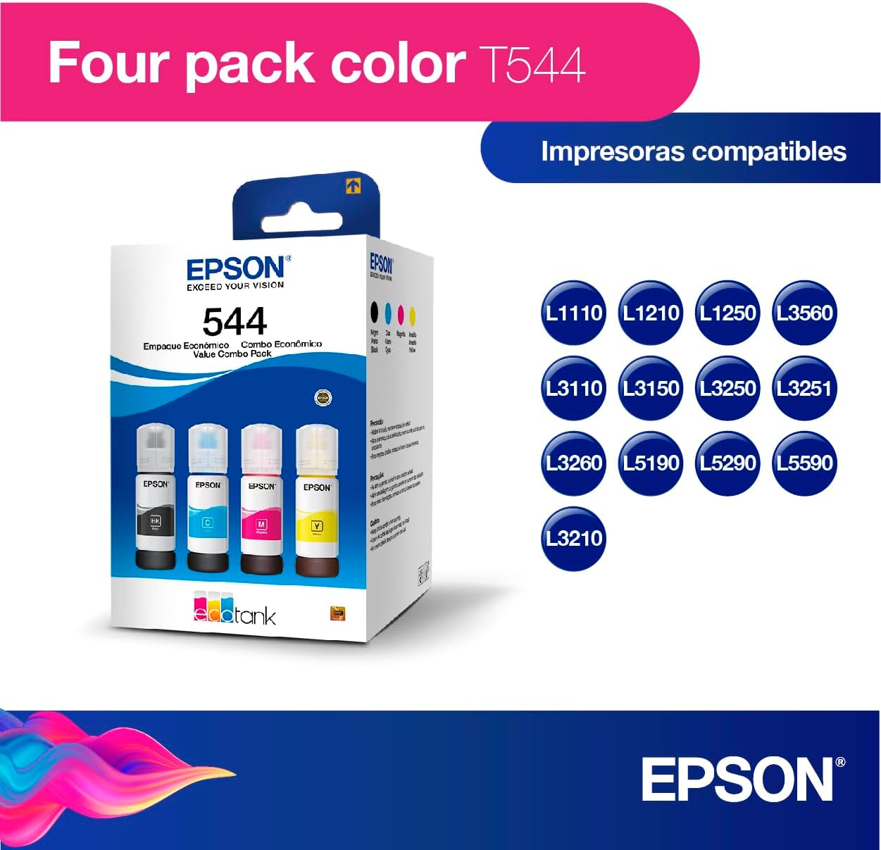 Epson Pacote com 4 tintas Ecotank preto, ciano, magenta e amarelo para L1110, L1210, L3110, L3210, L3150, L3250, L5190, L5290, Code T544520-4P na Amazon