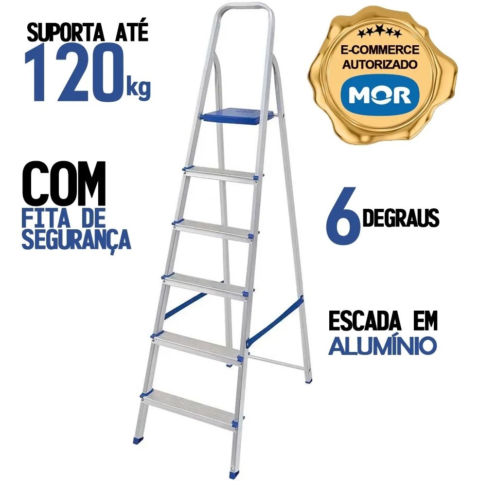Escada Mor 5104 em Alumínio com 6 Degraus, Dobrável e com Fita de Segurança na Casas Bahia