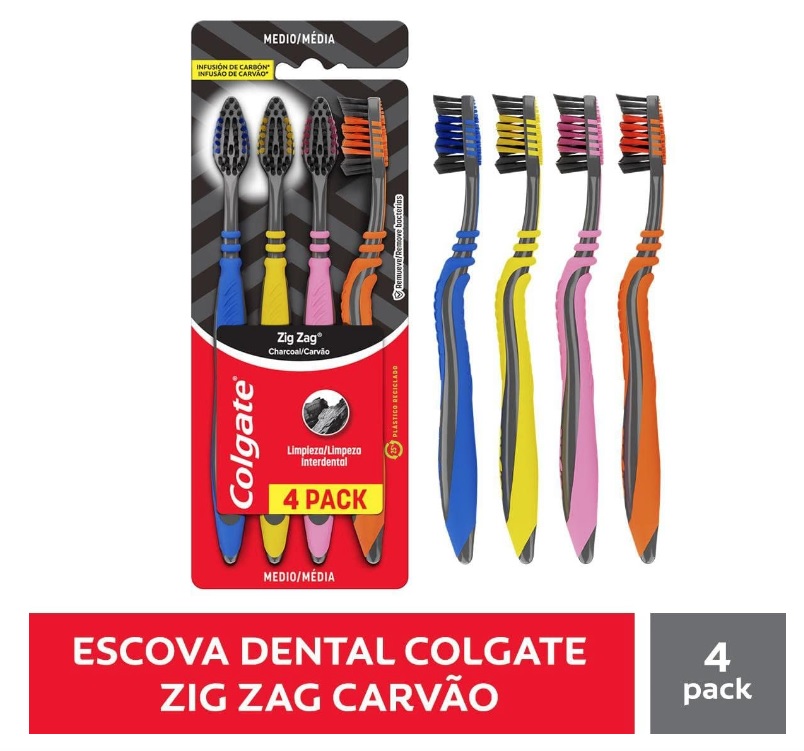 Escova Dental Colgate ZigZag Carvão 4 unid, CN07784A, Preto na Amazon