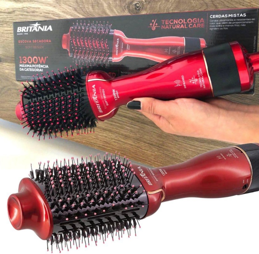 Escova Secadora Britânia Soft BES12 Luz Infrared com Cabo Giratório 1300W Vermelha/Preta – Bivolt na Extra