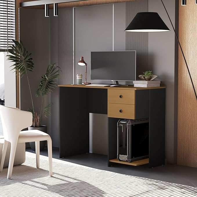 Escrivaninha Mesa de Computador com 2 Gavetas e Suporte para CPU/Gabinete – Ideal para Estudo Trabalho e Escritório (Preto/Nature) na Amazon