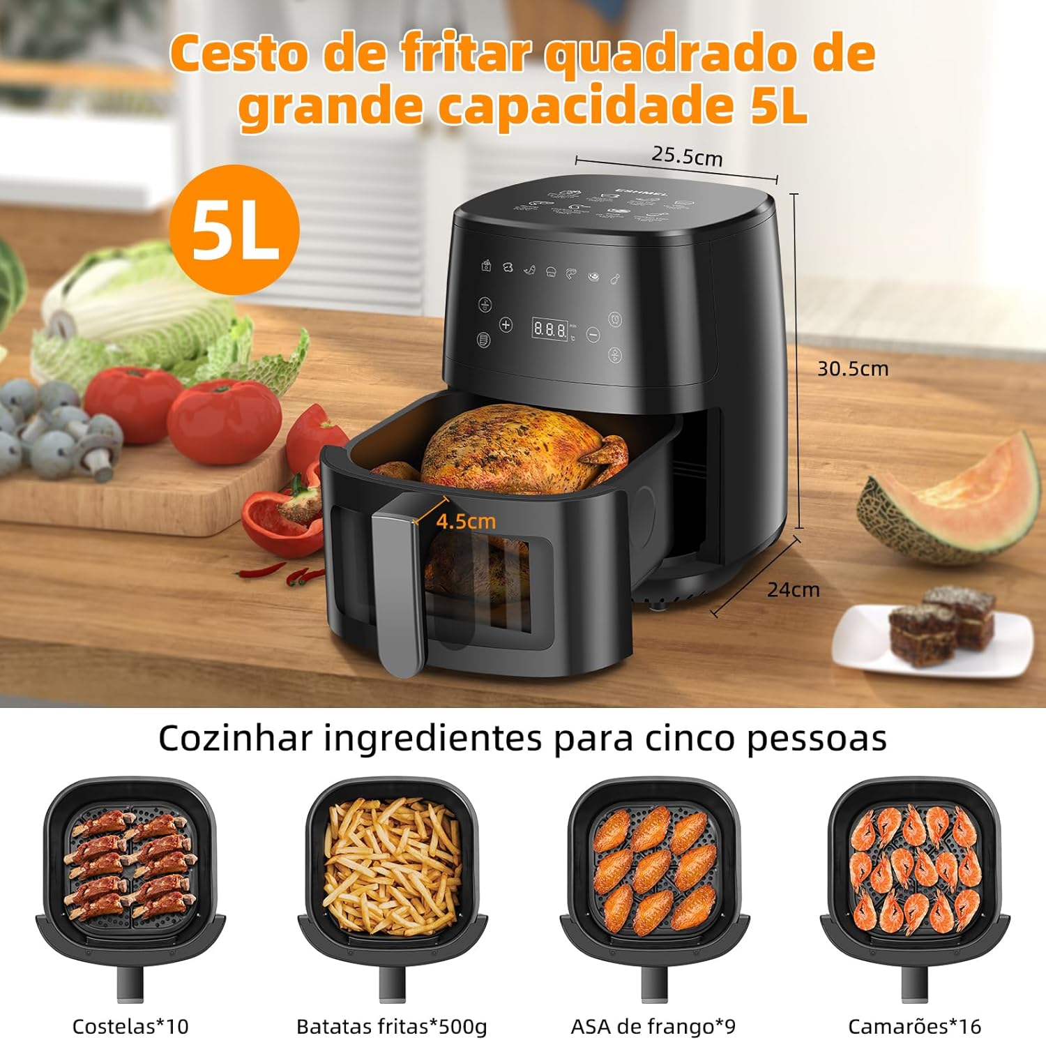 ESHMEL 5L Air Fryer 127v, Digital Airfryer, Fritadeira Eletrica Com Janela Transparente, Revestimento Antiaderente, Cesto Removíveis, Up to 200 ℃, 1400W, Preto na Amazon