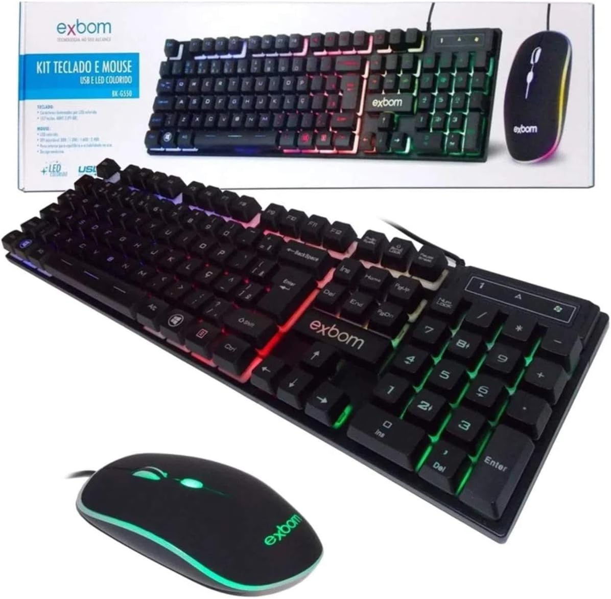 Exbom KIT TECLADO MOUSE GAMER COMPUTADOR USB ABNT2 LED PRETO BK-G550, Unico na Amazon