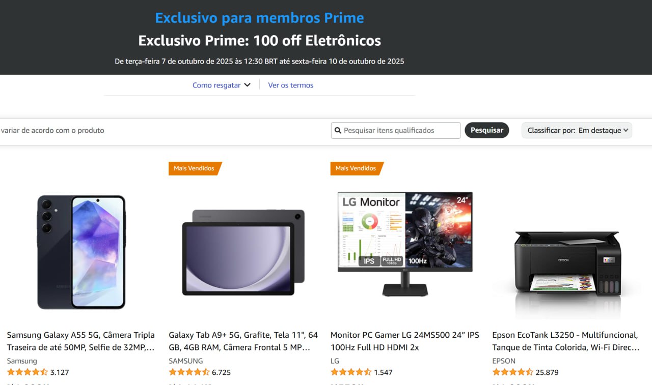 Exclusivo Prime: 100 off Eletrônicos na Amazon