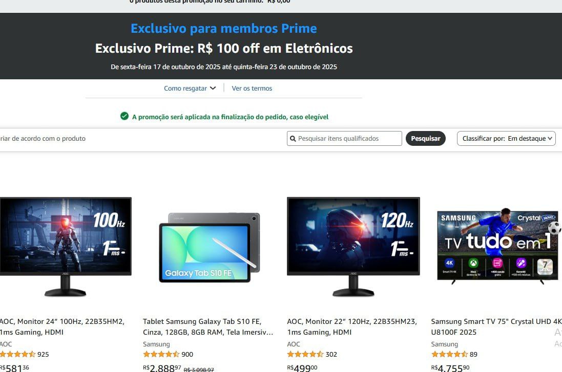 Exclusivo Prime: R$ 100 off em Eletrônicos na Amazon