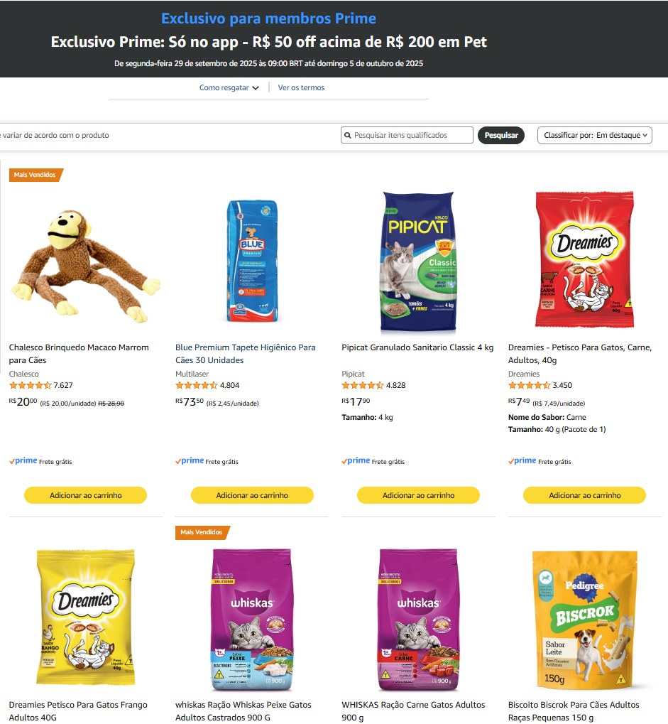 Exclusivo Prime: Só no app – R$ 50 off acima de R$ 200 em Pet na Amazon