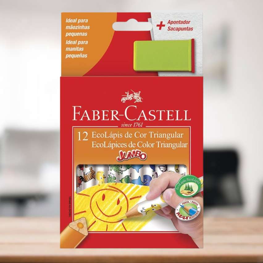 Faber-Castell 12.3012AP EcoLápis Triangular Jumbo – Lápis de Cor, Apontador incluído com Depósito, 12 Cores na Amazon