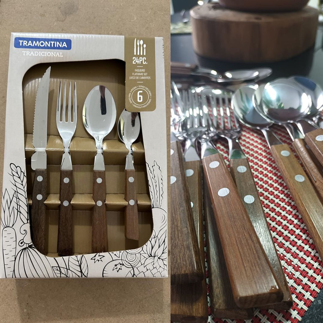 Faqueiro 24 Peças Tradicional Sortidos com Laminas de Aço Inox e Cabos de Madeira, Tramontina, Tradicional 22299050, Natural na Amazon