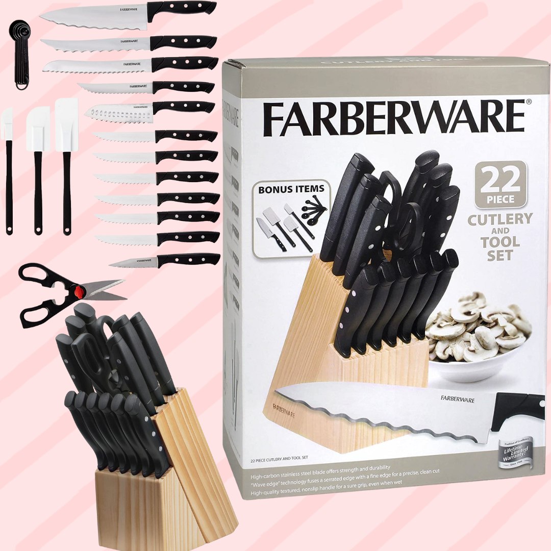 Farberware Conjunto de 22 peças de bloco de facas de aço inoxidável de alto carbono com borda ondulada resistente à ferrugem, madeira de faia/preta na Amazon
