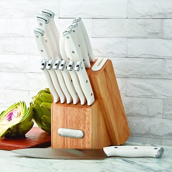 Farberware Edgekeeper Conjunto de blocos de facas triplos rebitados com apontador embutido, 14 peças, branco na Amazon