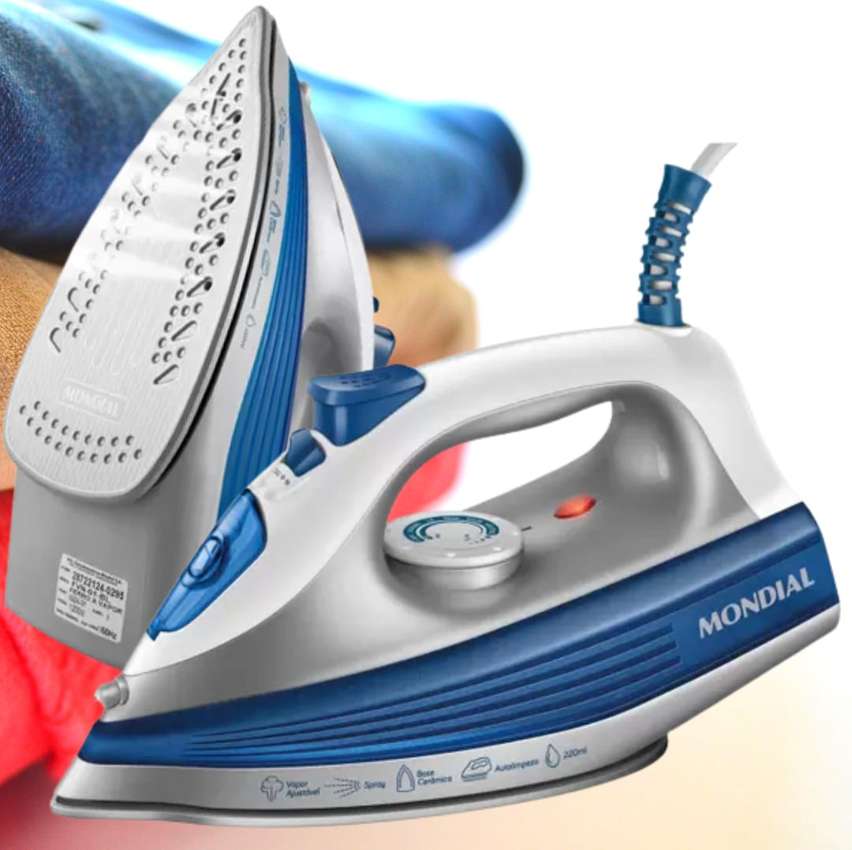 Ferro de Passar Roupa a Vapor Mondial – FVN-01-BL Branco e Azul na Magazine Luiza
