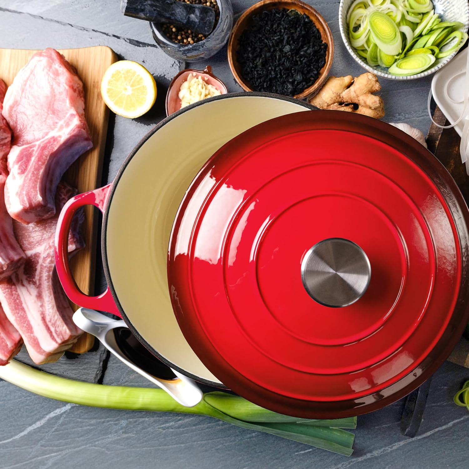 Ferro fundido esmaltado para forno holandês de 6 litros com tampa – alças duplas grandes – Seguro para forno até 260 °C na Amazon