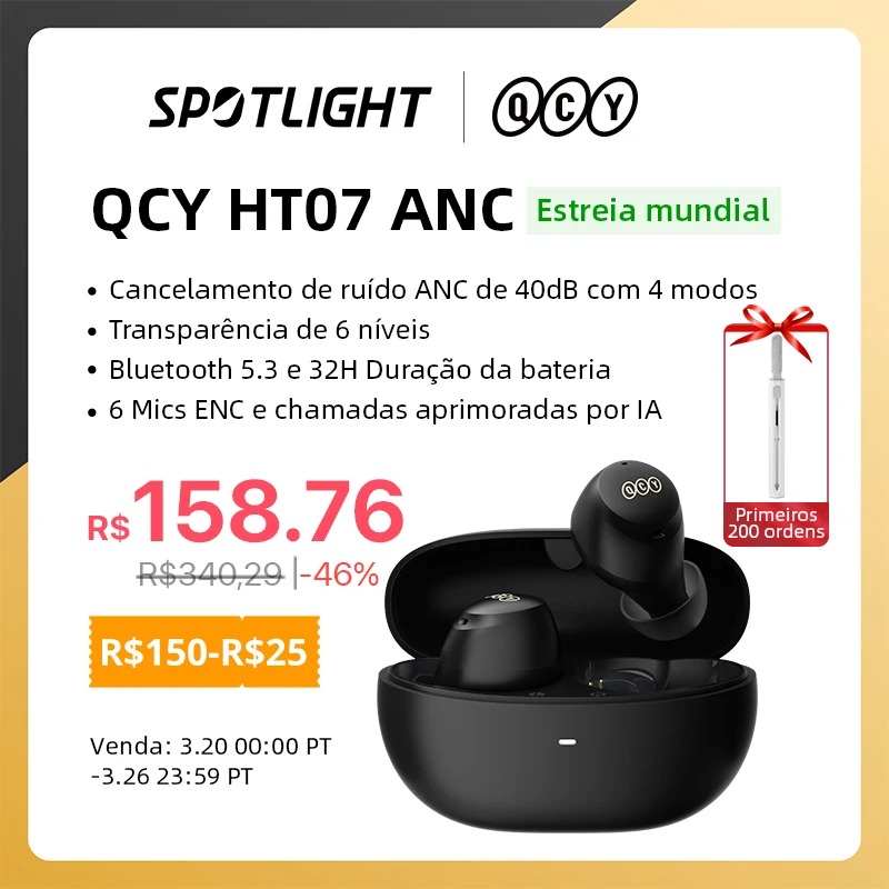 Fone Bluetooth QCY HT07 ANC na Aliexpress