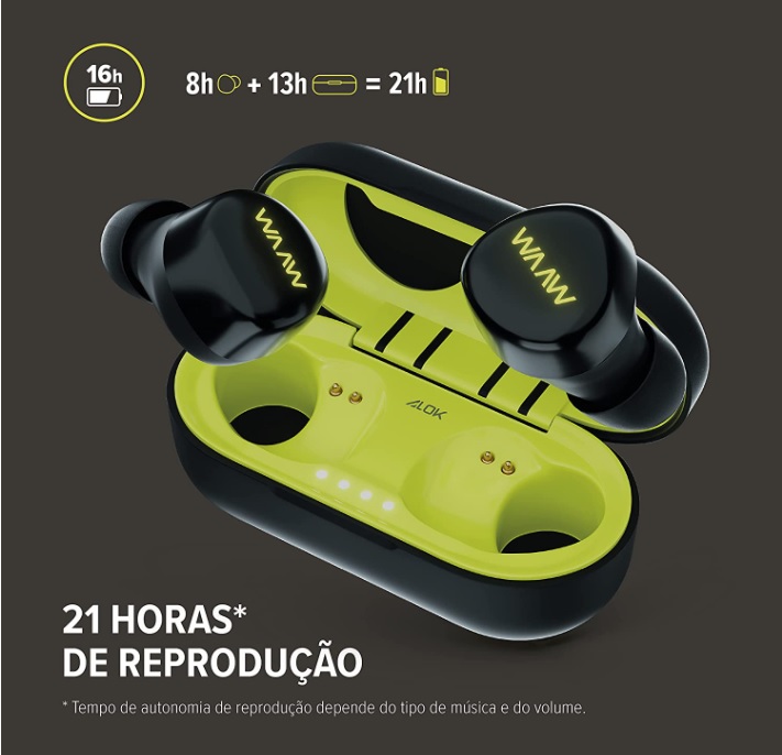 Fone de Ouvido WAAW by ALOK MOB 100EB Bluetooth TWS Intra-Auricular Com Microfone e Toque inteligente, Preto e Verde, P, M,G na Amazon