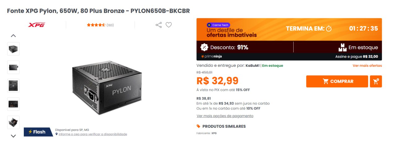Fonte XPG Pylon, 650W, 80 Plus Bronze – PYLON650B-BKCBR na KaBuM!