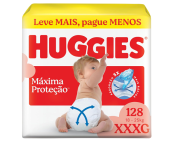 Fralda Descartável Huggies Máxima Proteção – Tamanho XXXG – 18kg a 25 kg – 128 unidades na Amazon