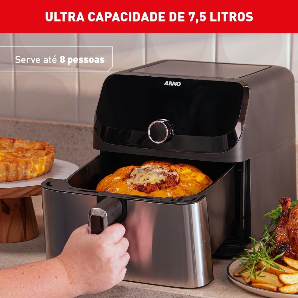 Fritadeira Sem Óleo Arno Air Fryer Mega Digital 7,5L AFD7, 1700W, Inox e Preta, Painel Touch, 8 Funções, Antiaderente, 110V na Amazon