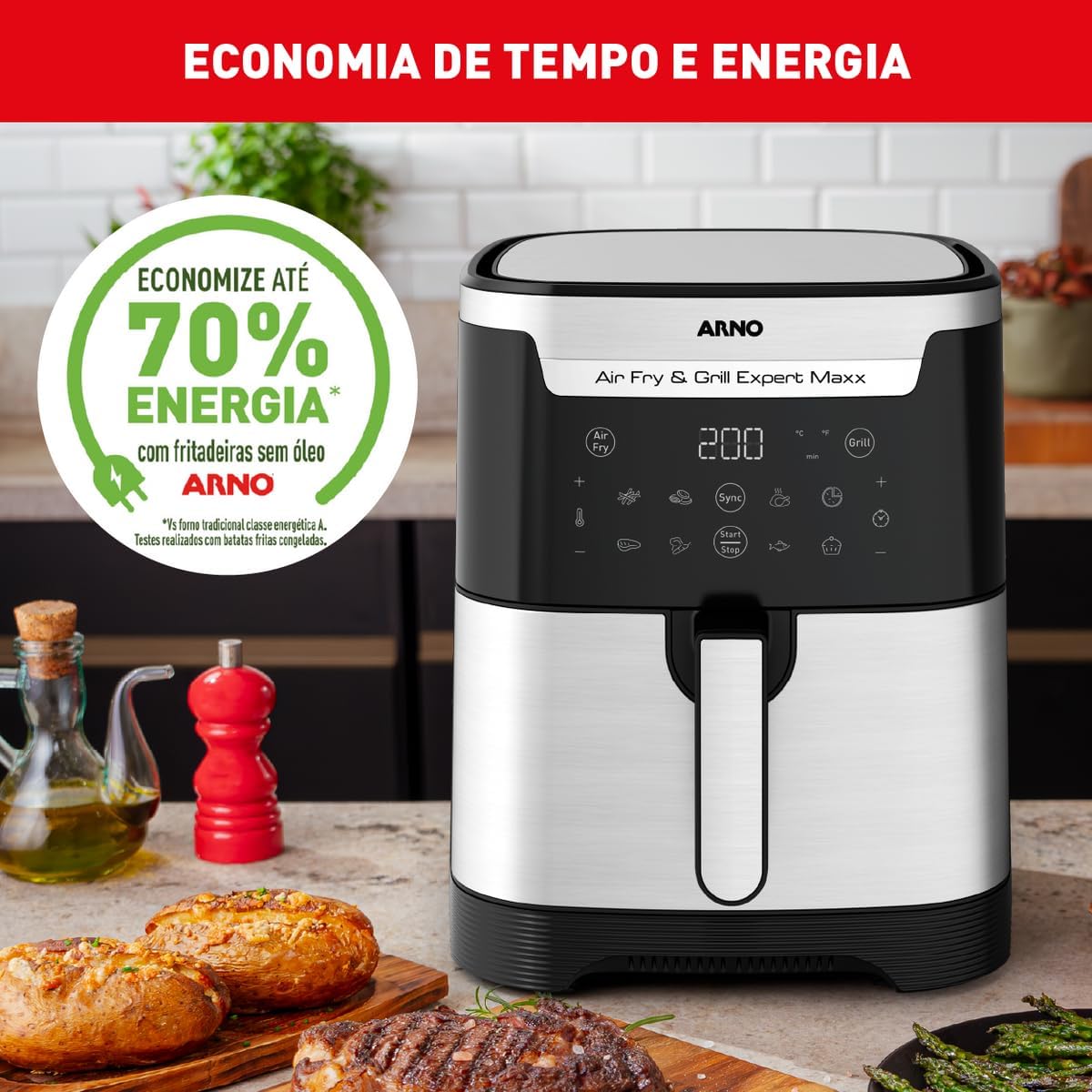 Fritadeira sem Óleo e Grill Arno Airfry & Grill Expert Maxx Digital 6,5L AFD6, 1680W, Inox e Preta, 8 Programas, Divisória e Função SYNC, 2 em 1 para Fritar e Grelhar, 110V na Amazon