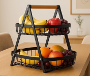 Fruteira de Mesa 2 Andares de Metal com Alça de Bambu na Amazon