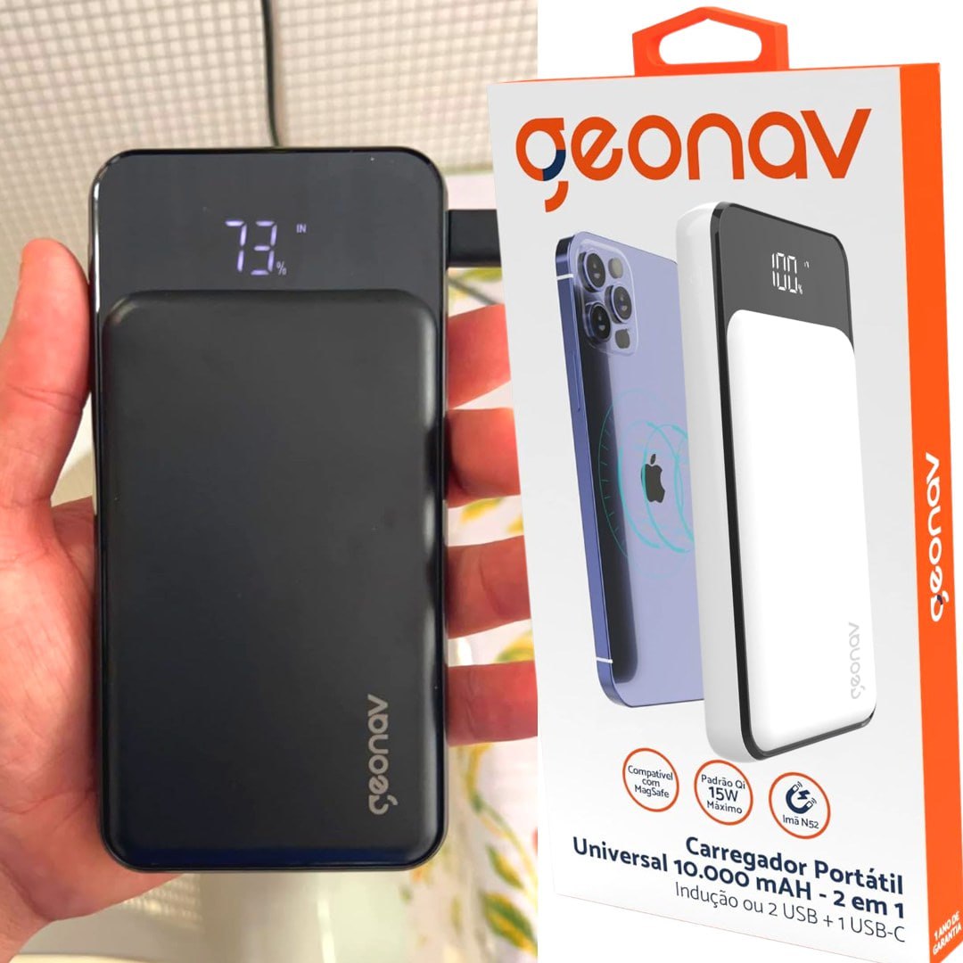 Geonav Carregador Portátil por Indução 10.000 mAh, 2 portas USB com Quick Charge (até 18W) e 1 porta USB-C com Power Delivery de 20W para carregamento rápido, PB10KINDWT, Branco na Amazon