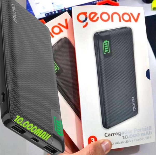 Geonav Carregador Portátil Universal 10.000mAh, 2 portas USB + 1 porta USB-C, Led Indicador de bateria, PB10KBK, Preto na Amazon