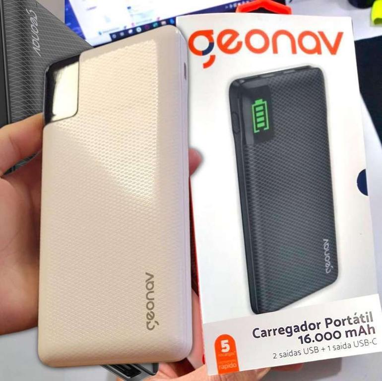 Geonav Carregador Portátil Universal 16.000mAh, 2 portas USB + 1 porta USB-C, Led Indicador de bateria, PB16KWT, Branco na Amazon