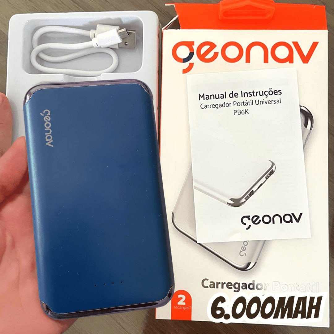 Geonav Carregador Portátil Universal 6.000mAh, 2 portas USB 2.1A, Led Indicador de bateria, PB6KMB, Azul na Amazon
