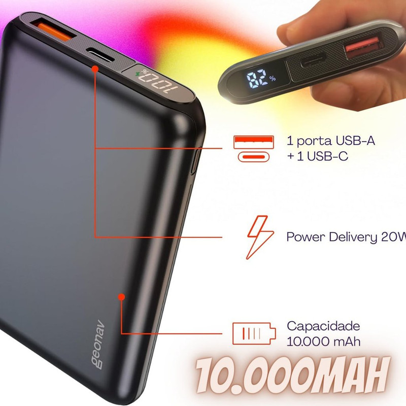 Geonav Power Bank, Carregador Portátil Universal 10.000mAh, USB-A (até 18W) + USB-C (até 20W), Compacto, Carregamento Rápido, Pass Through, Led Indicador de Bateria, PB10K20WSG, Cinza espacial na Amazon