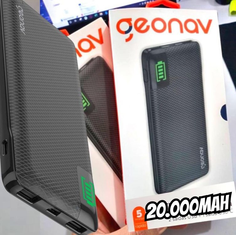 Geonav Power Bank, Carregador Portátil Universal 20.000mAh, 2 saídas USB QC 3.0 para carregamento rápido + 1 saída USB-C (PD) até 18W, até 7 recargas, PB20KBK, Preto na Amazon