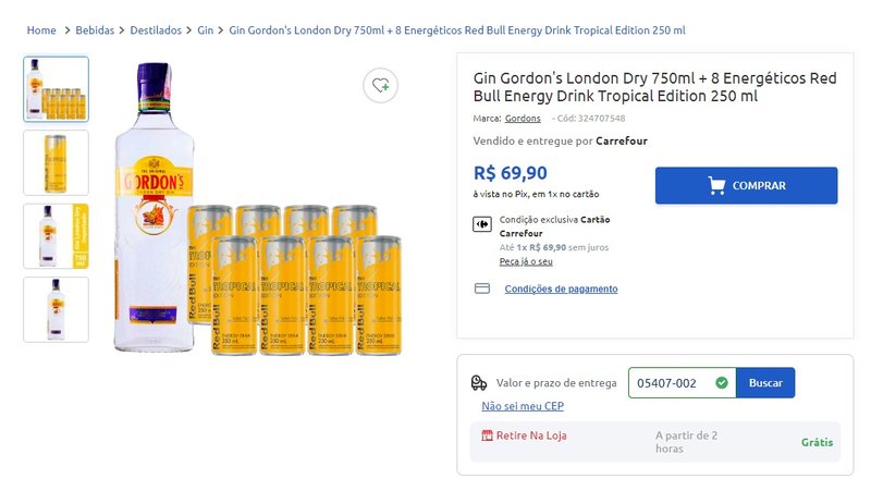Gin Gordon’s London Dry 750ml + 8 Energéticos Red Bull Energy Drink Tropical Edition 250 ml na Carrefour