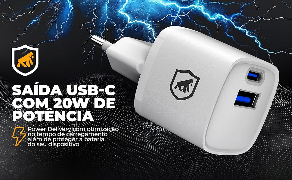 Gshield Carregador de Parede Universal 20W Ultra Rápido Tipo C + USB-A Power Delivery com Chip GaN, Compatível com iPhones e Certificado Anatel, Ultra Slim Branco na Amazon