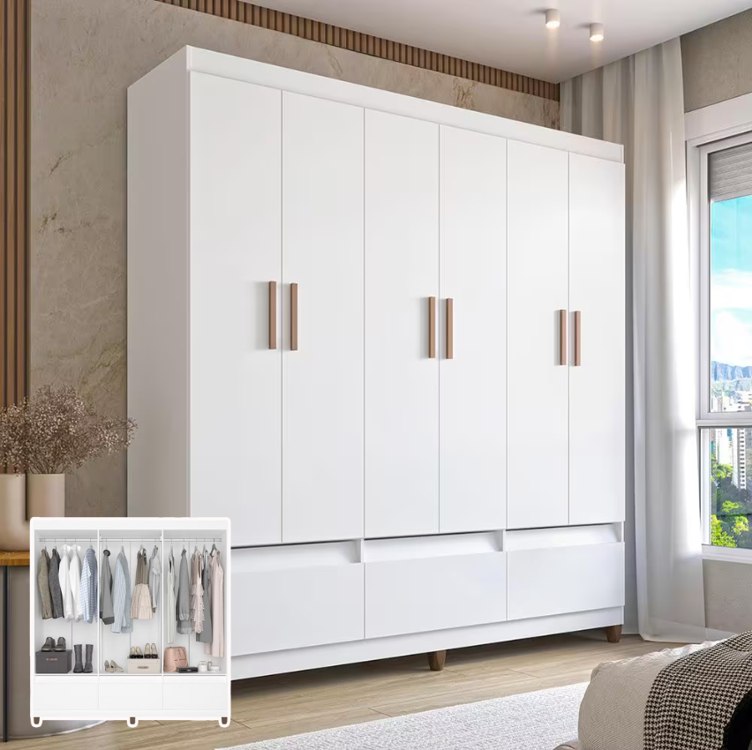 Guarda-Roupa Bartira Ilhéus com Cabideiro, 6 Portas de Bater, 3 Gavetas e 180cm de Largura – Branco Fosco na Casas Bahia