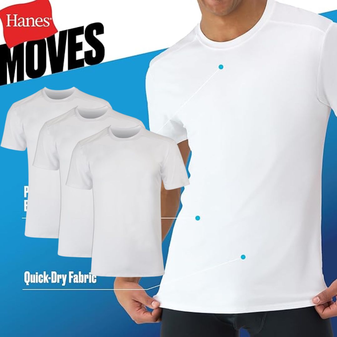Hanes Camiseta masculina Moves Mesh, X-Temp com absorção de umidade, branca ou preta/cinza, pacote com 3 na Amazon
