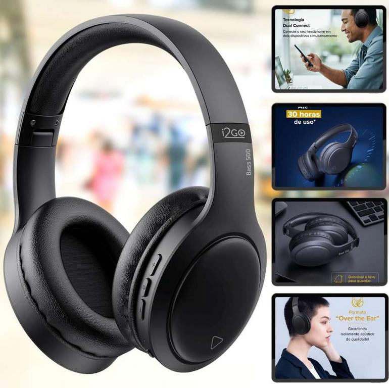 Headphone Bluetooth BASS 500 i2GO com Microfone Integrado, Controle Multimídia, Até 30h de bateria, Entrada cabo auxiliar P2 (Incluso), Dobrável, Conexão Multiponto – i2GO PRO na Amazon